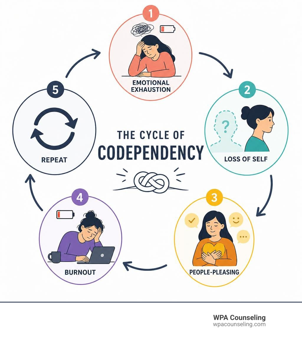 Infographic showing the cycle of codependency: emotional exhaustion, loss of self, people-pleasing, burnout, and repeat