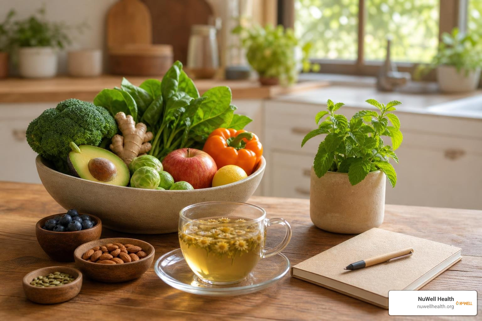Holistic gut health practices including whole foods, stress reduction, and herbal support