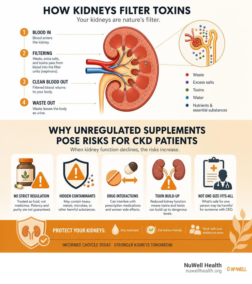 Infographic showing how kidneys filter toxins and why unregulated supplements pose risks to CKD patients infographic