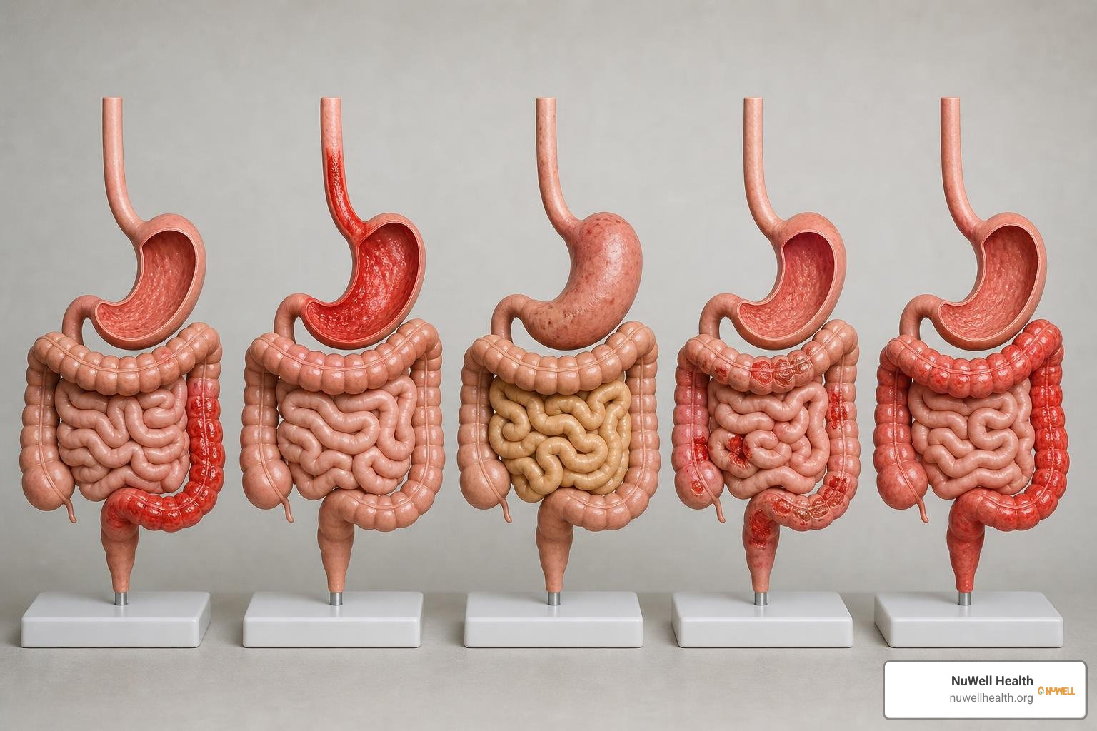 The big five gastrointestinal disorders including IBS, GERD, Celiac, Crohn's, and Ulcerative Colitis