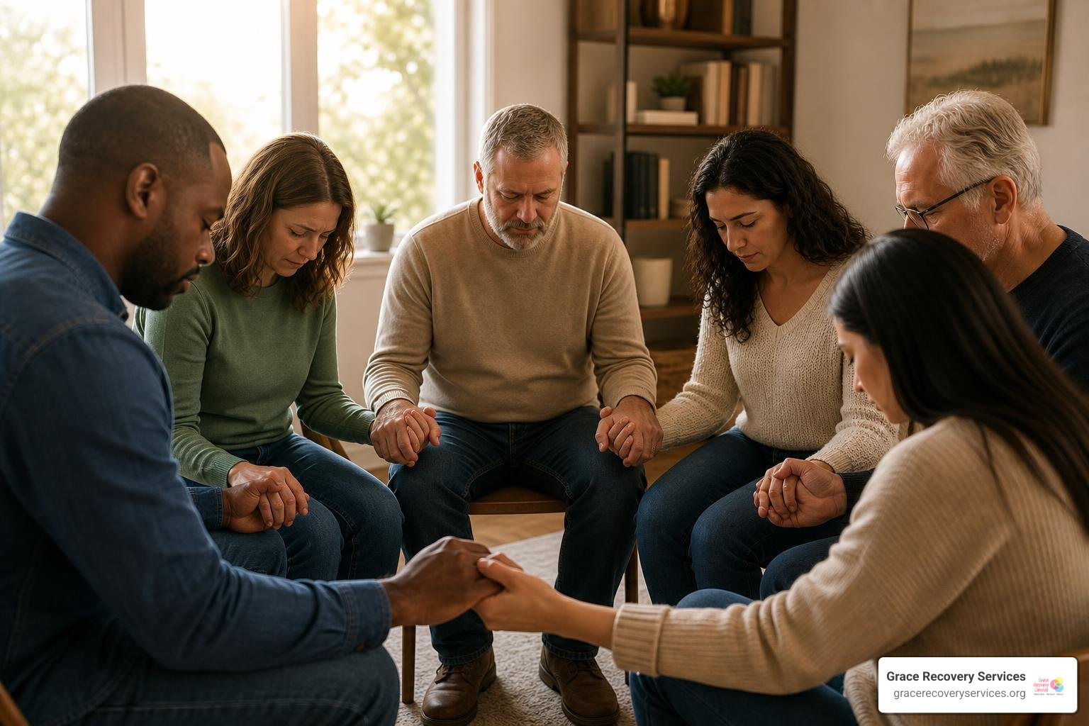A supportive small group circle sharing and praying together