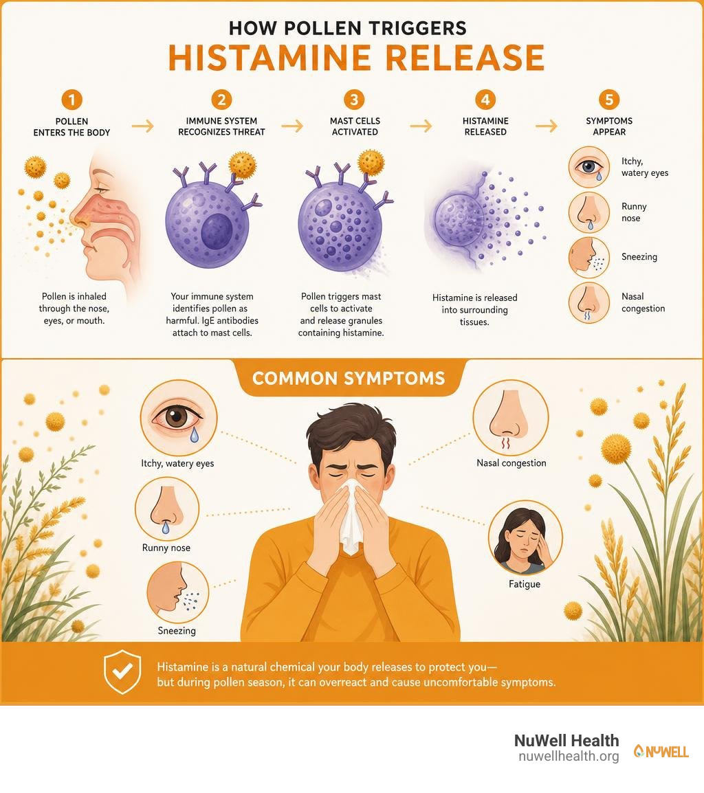 infographic showing histamine release process in the body triggered by pollen exposure and common symptoms infographic infographic showing histamine release process in the body triggered by pollen exposure and common symptoms infographic