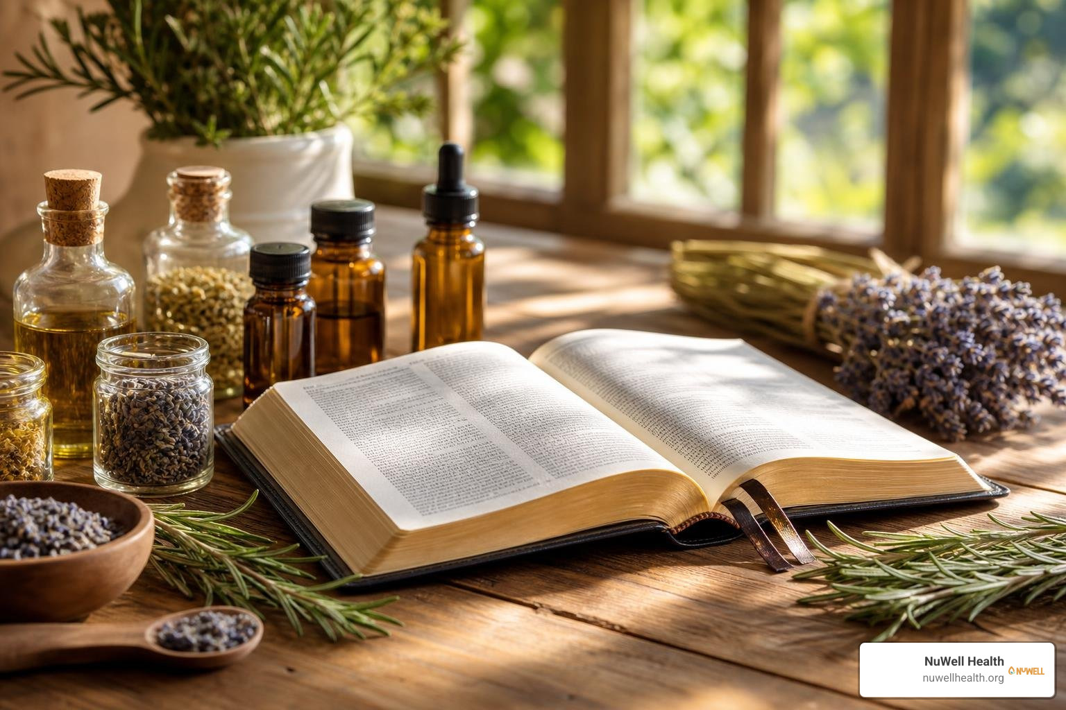 A Bible open next to natural herbal remedies and oils A Bible open next to natural herbal remedies and oils