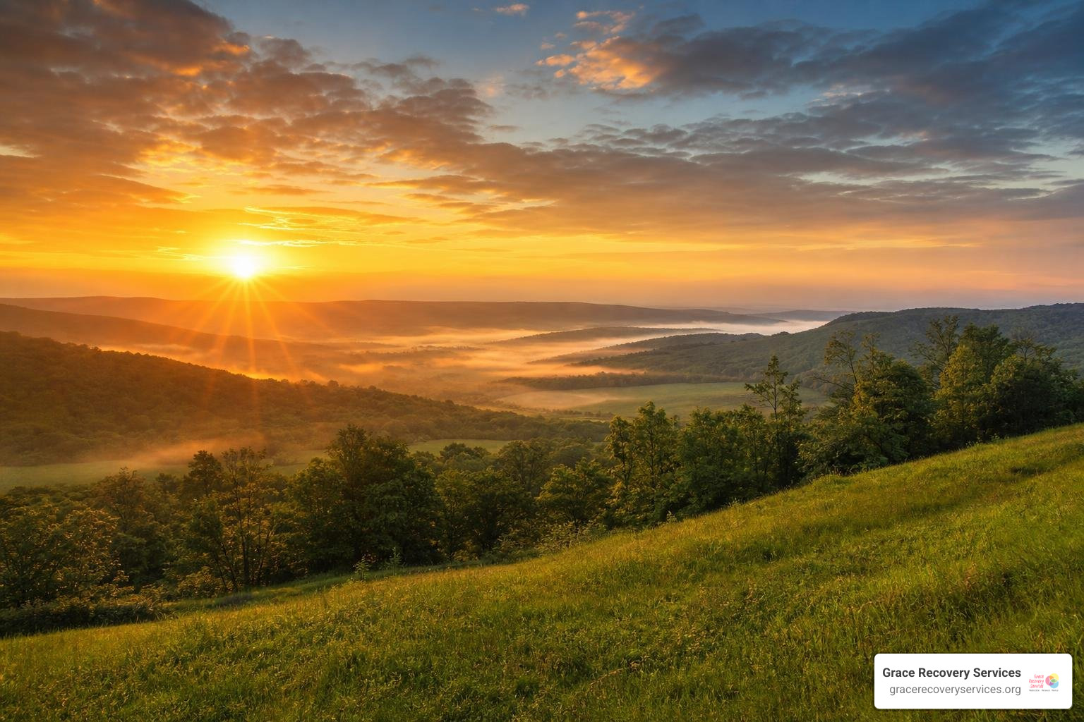 Warm sunrise over the hills of Western Pennsylvania signaling a fresh start Warm sunrise over the hills of Western Pennsylvania signaling a fresh start