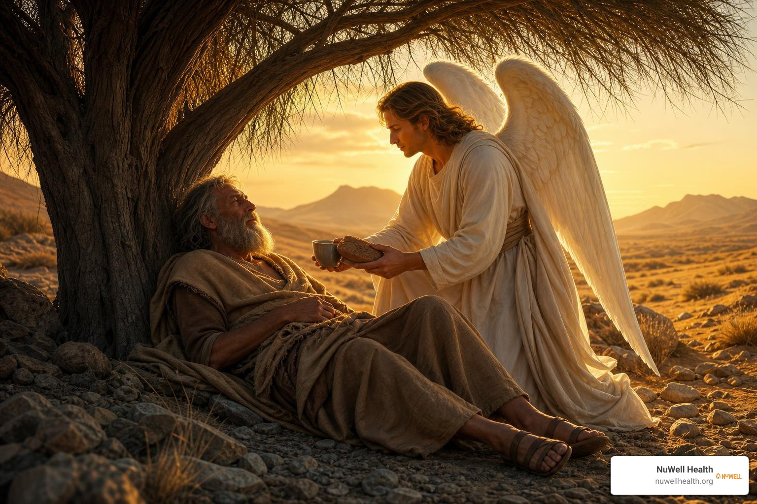 Elijah resting under the broom tree—restored by an angel Elijah resting under the broom tree—restored by an angel
