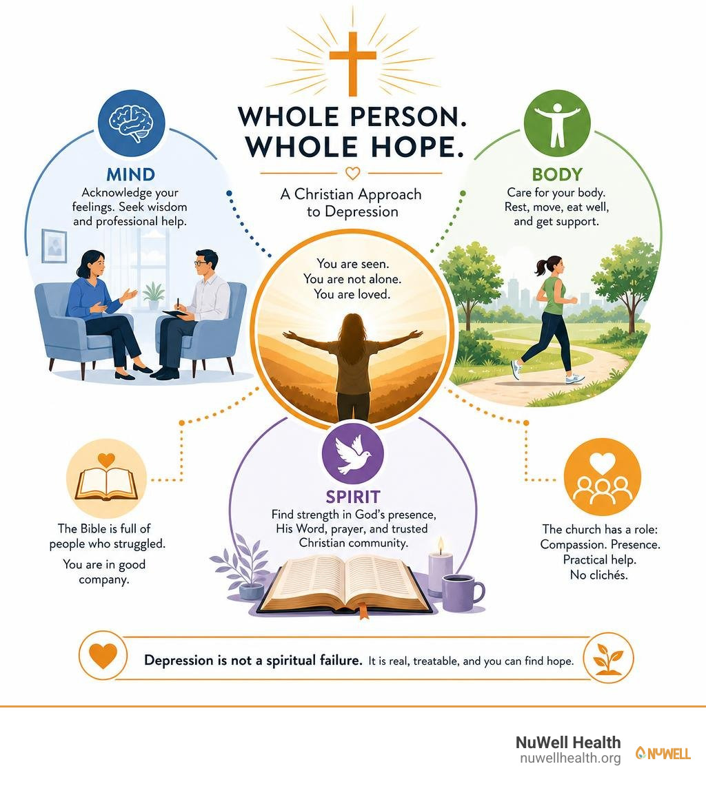 Holistic mind-body-spirit connection in Christian depression — infographic overview infographic Holistic mind-body-spirit connection in Christian depression — infographic overview infographic