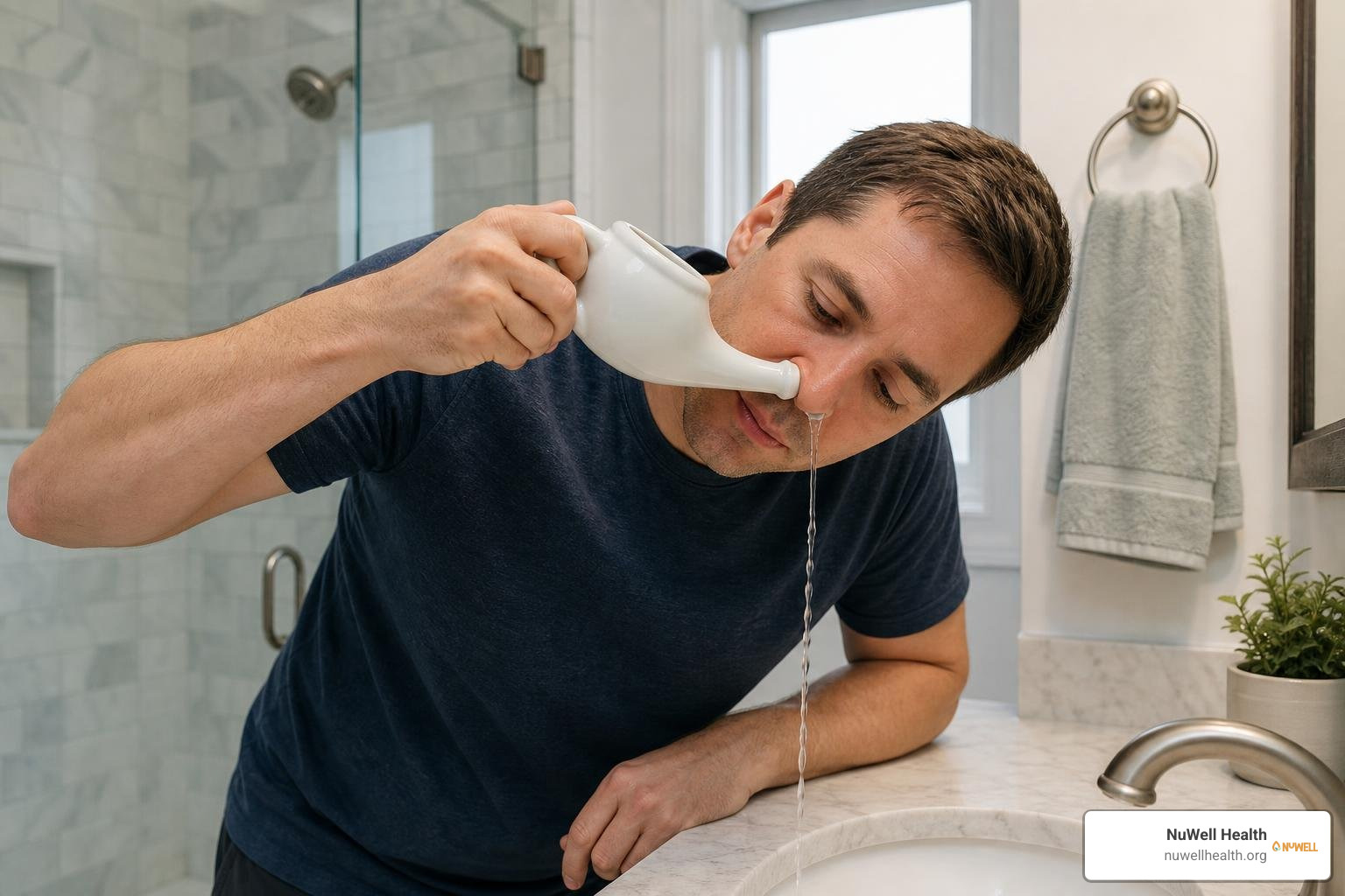 A person using a ceramic neti pot for nasal irrigation