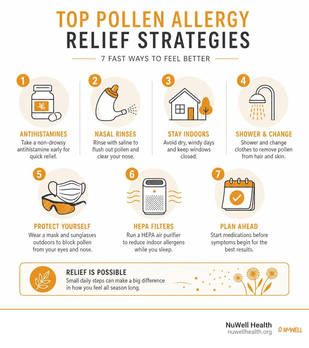 Quick overview infographic: top pollen allergy relief strategies from nasal rinses to HEPA filters to antihistamines