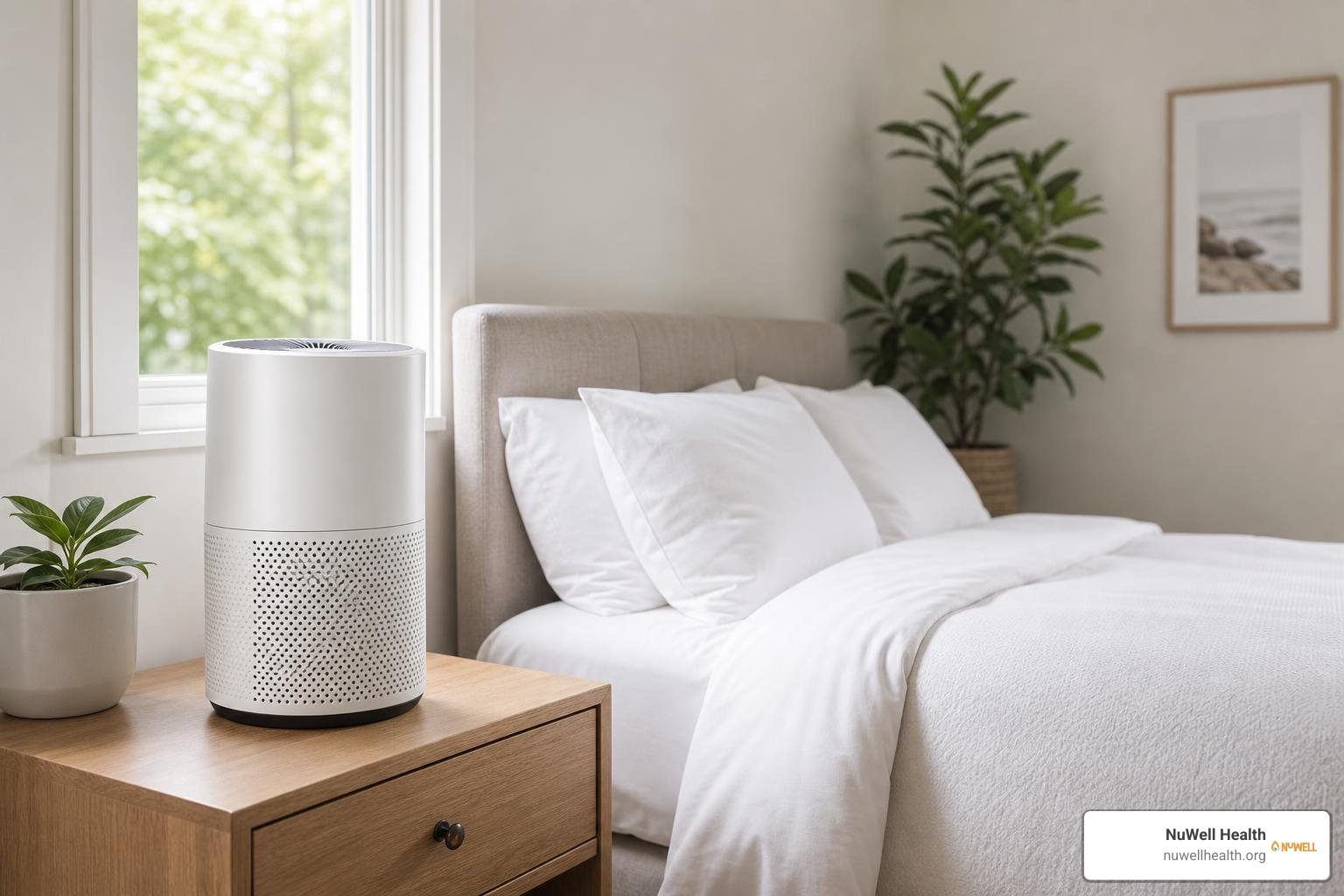 A HEPA air purifier running in a clean, modern bedroom