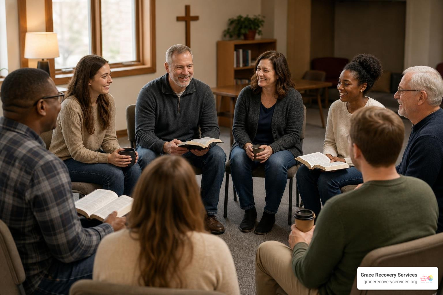 A warm and supportive Christian recovery group circle in Western Pennsylvania