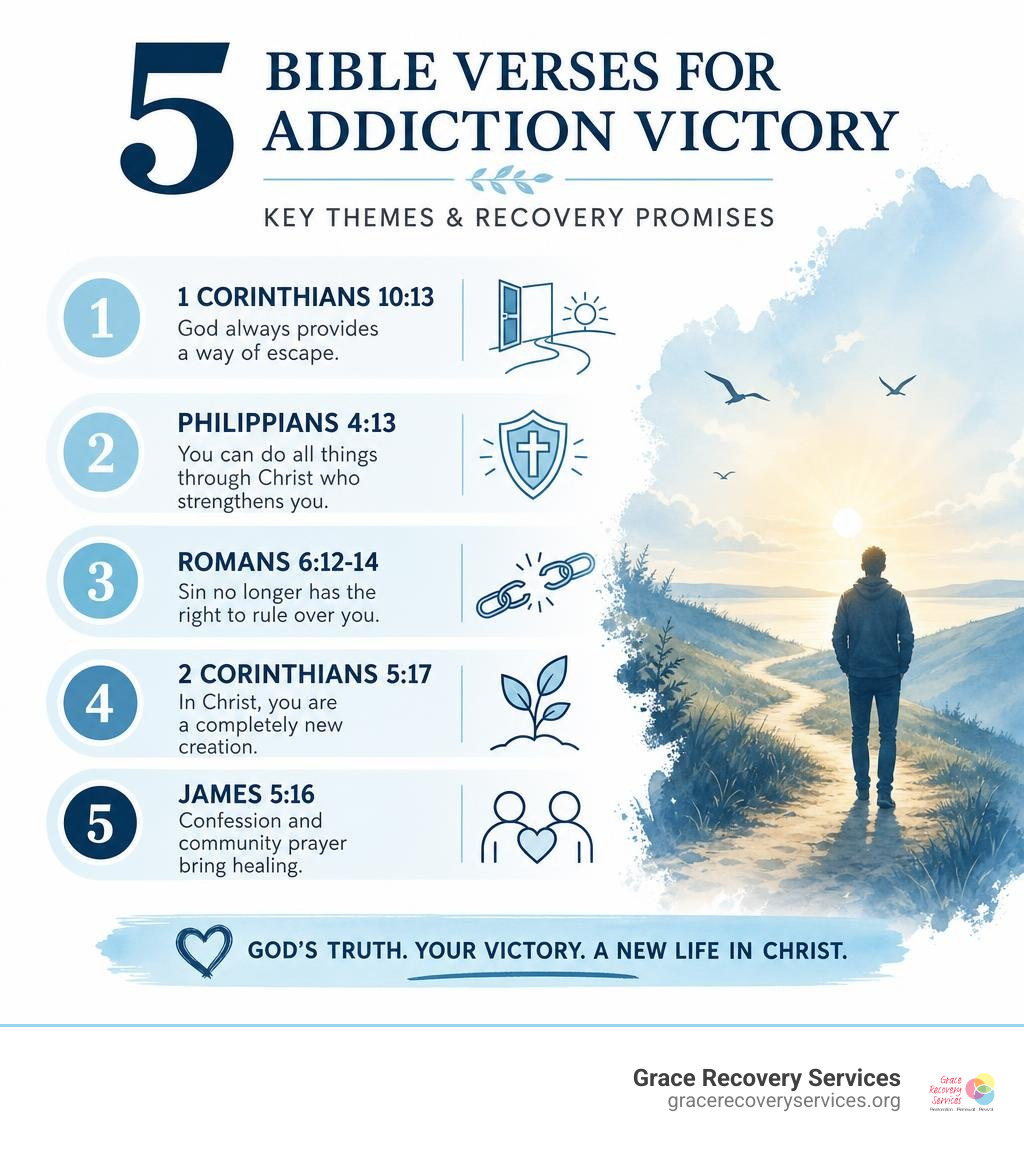 5 Bible verses for addiction victory with key themes and recovery promises infographic infographic