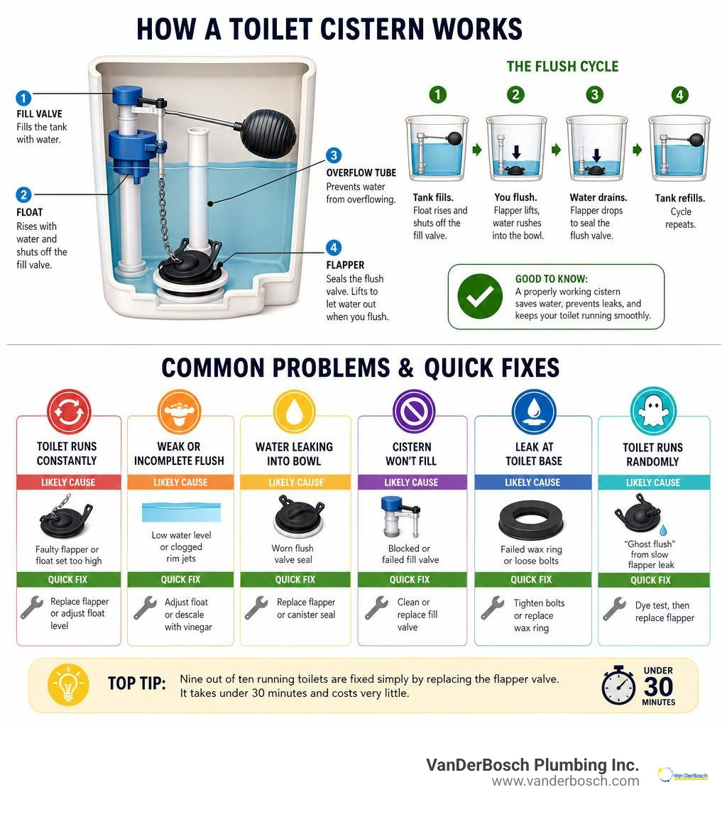 How a toilet cistern works, common problems, and quick fixes overview infographic How a toilet cistern works, common problems, and quick fixes overview infographic