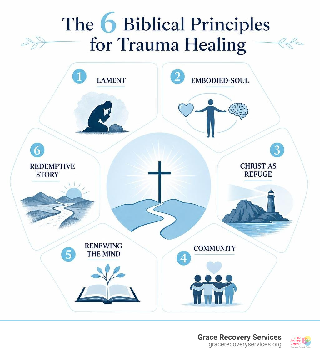 The six biblical principles for trauma healing: lament, embodied-soul, Christ as refuge, community, renewing the mind