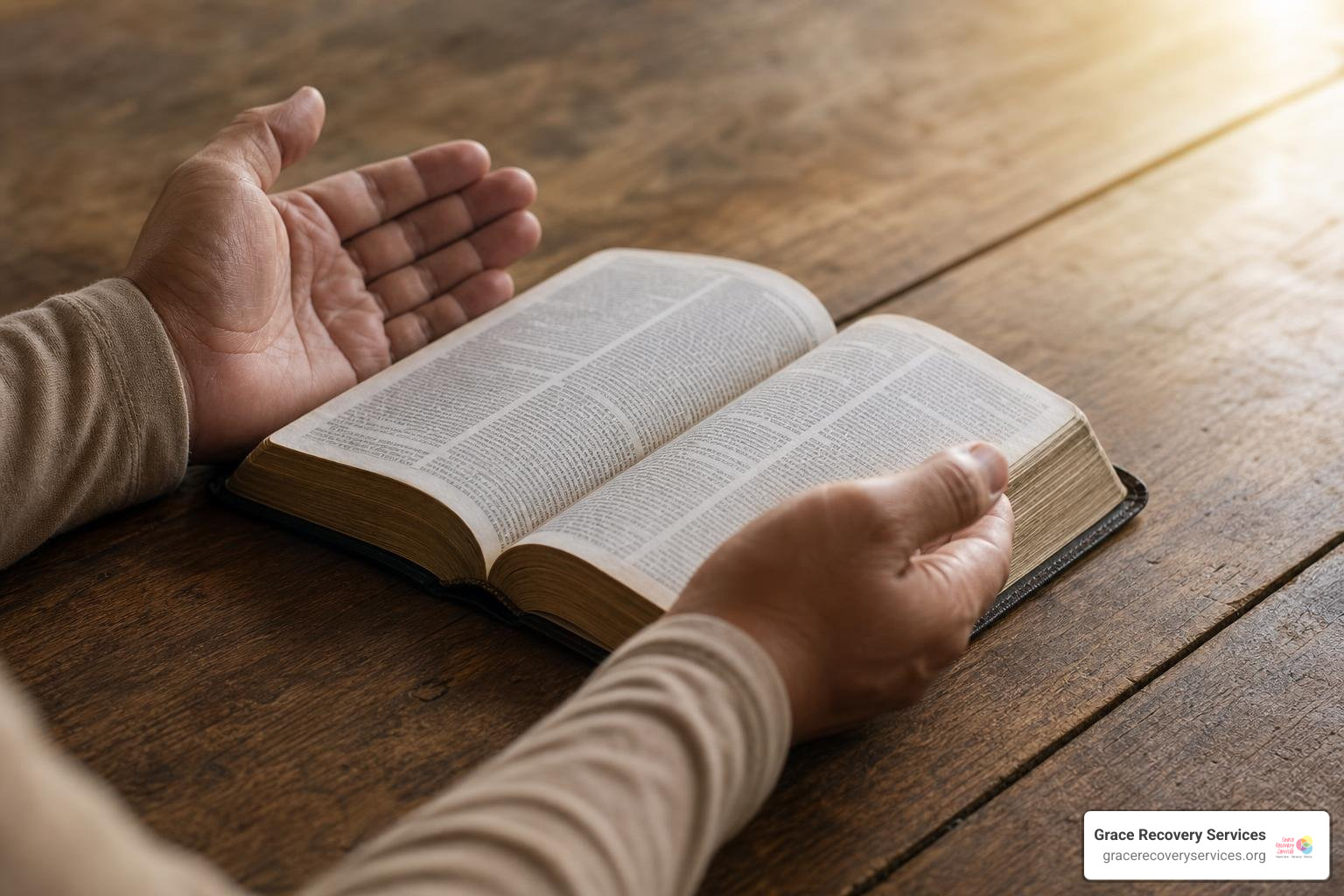 Open Bible with supportive hands illustrating faith-based recovery Open Bible with supportive hands illustrating faith-based recovery