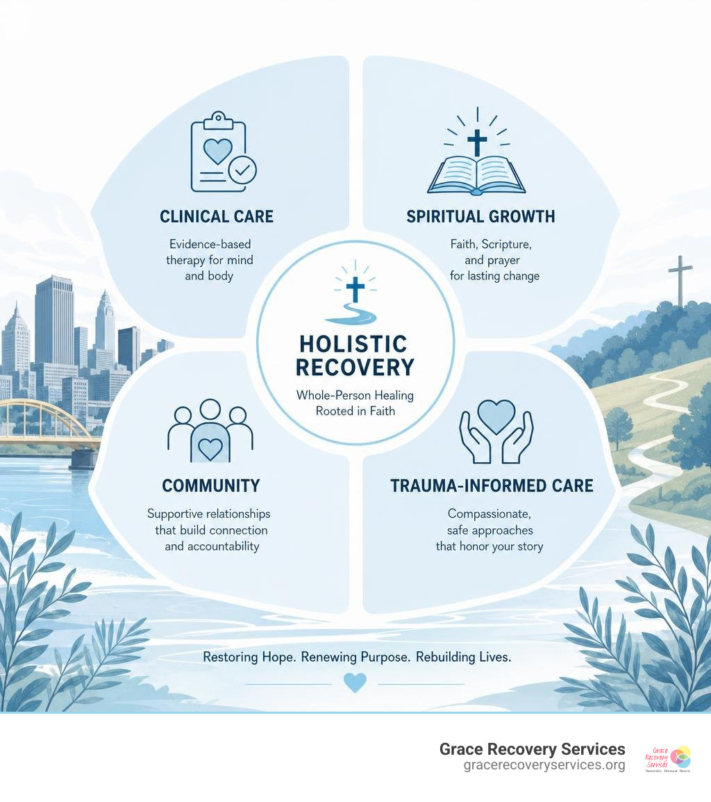 Holistic recovery model combining clinical, spiritual, community, and trauma-informed care elements infographic Holistic recovery model combining clinical, spiritual, community, and trauma-informed care elements infographic