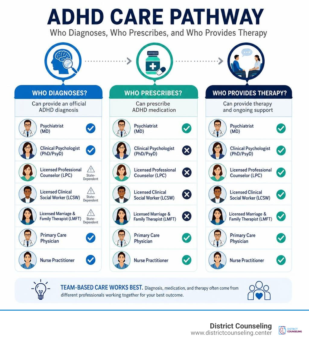ADHD care pathway infographic showing who diagnoses, who prescribes, and who provides therapy infographic