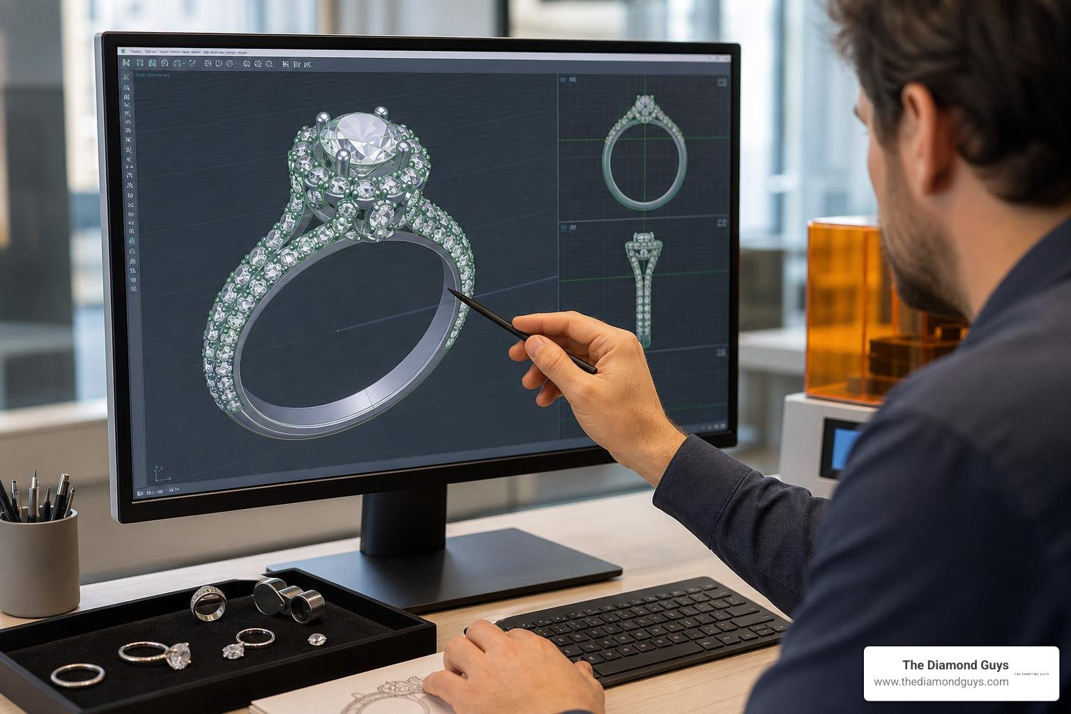Custom jewelry 3D CAD design on a computer screen