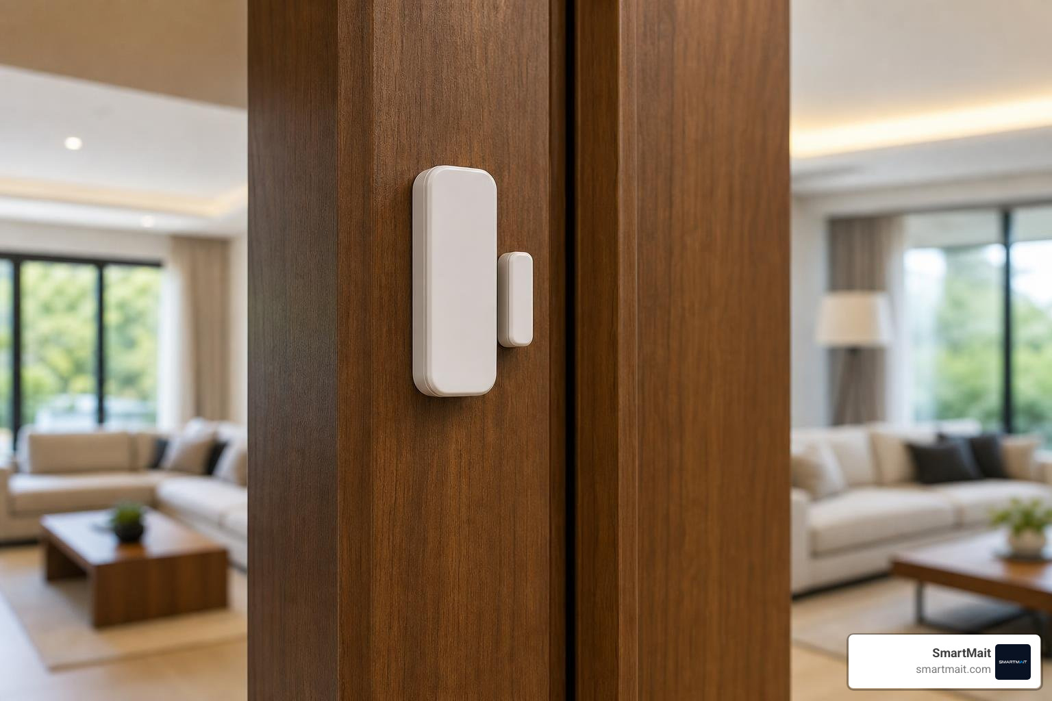 A sleek, modern wireless door sensor installed cleanly on an elegant door frame A sleek, modern wireless door sensor installed cleanly on an elegant door frame