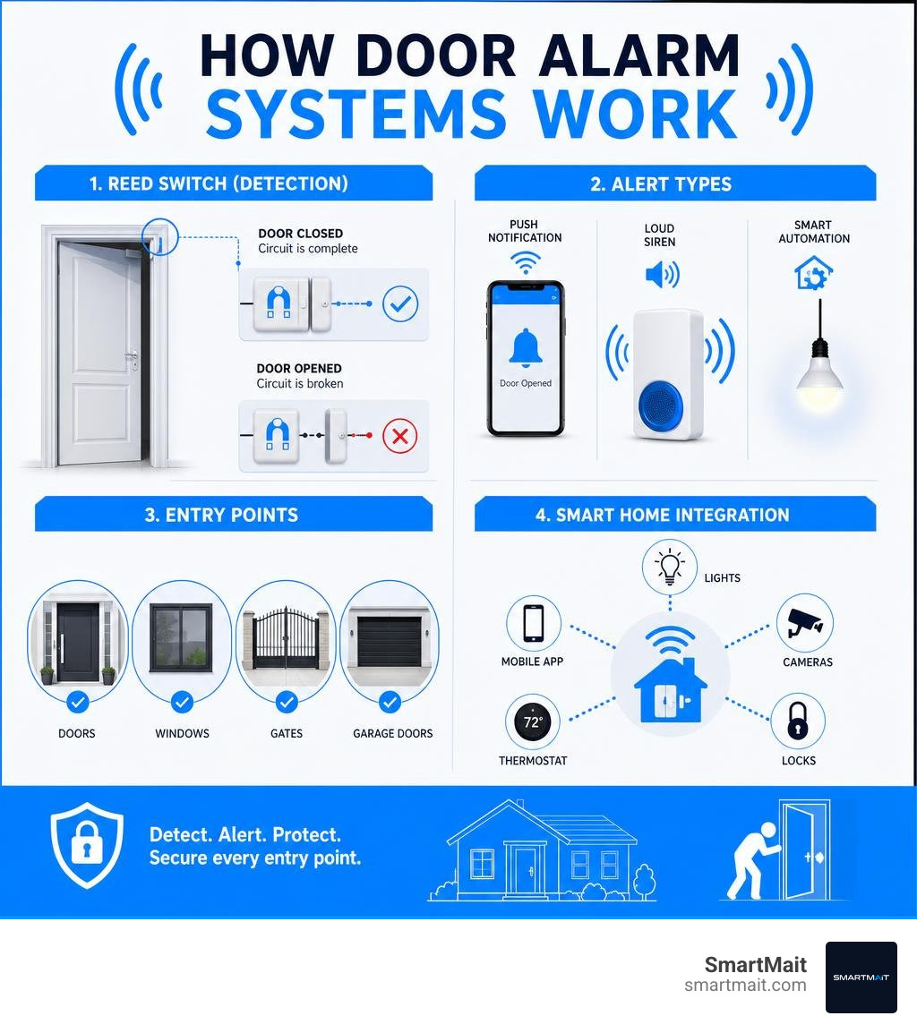 How door alarm systems work: reed switch, alert types, entry points, and smart home integration infographic How door alarm systems work: reed switch, alert types, entry points, and smart home integration infographic