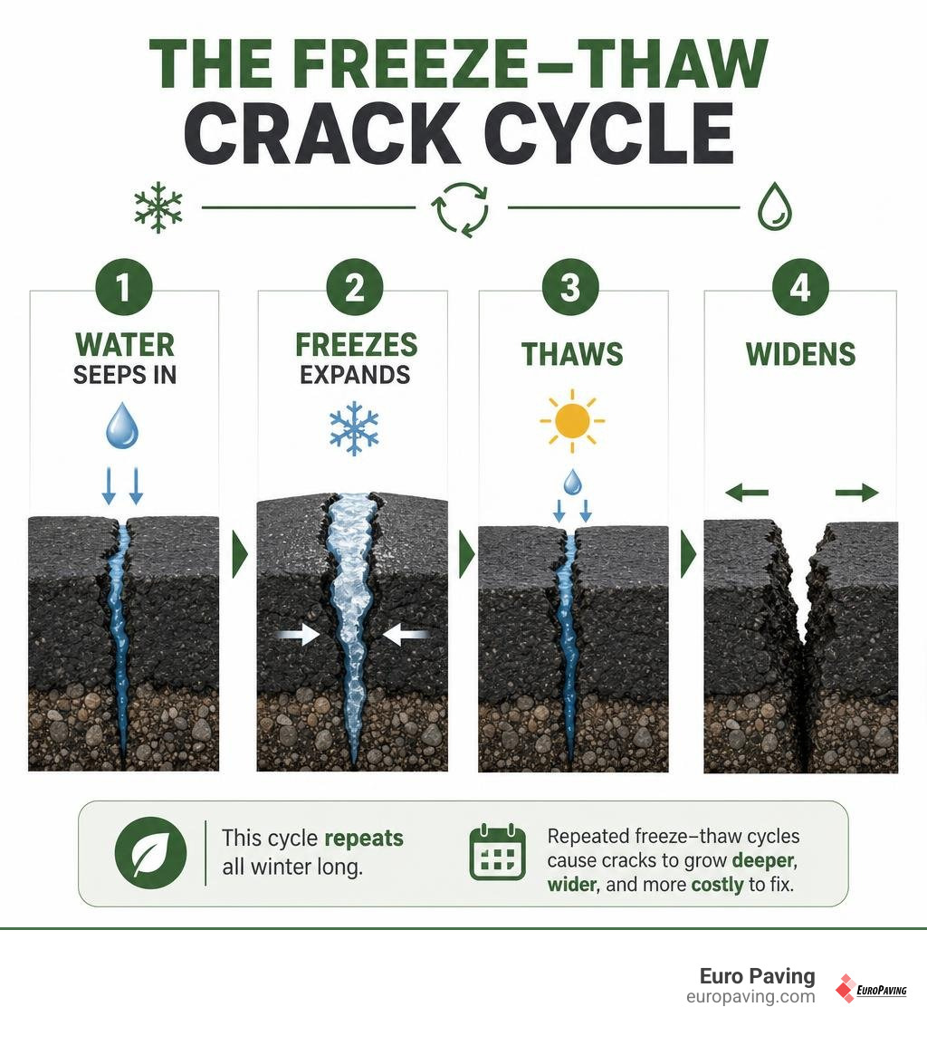 Infographic showing freeze-thaw crack cycle steps water seeps in freezes expands thaws widens infographic