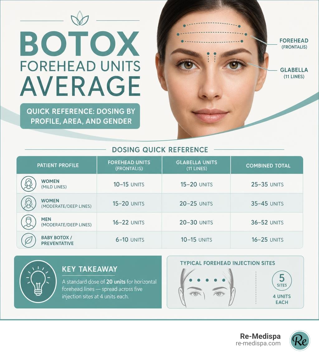 Botox forehead units average quick reference: dosing by profile, area, and gender infographic