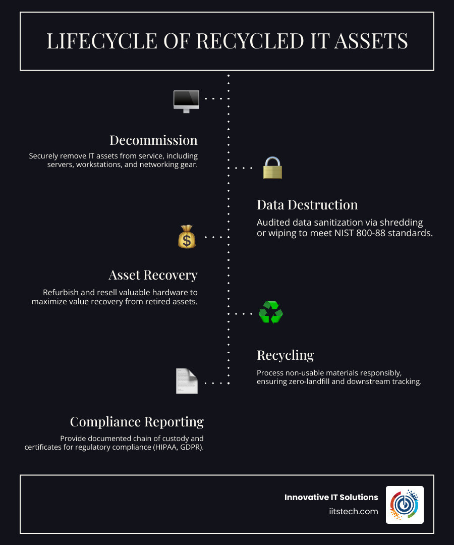 Lifecycle of recycled IT assets from decommission to data destruction to remarketing or recycling infographic