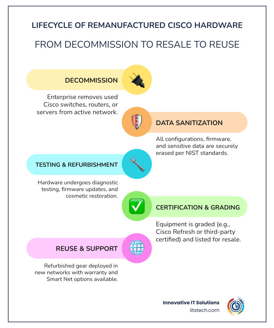 Lifecycle of remanufactured Cisco hardware from decommission to resale to reuse infographic