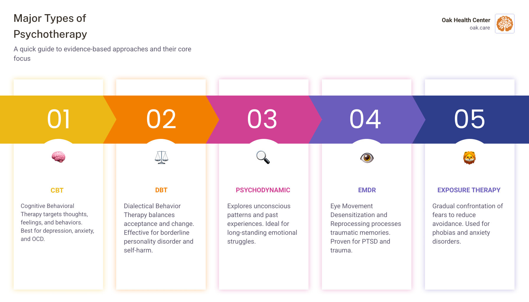 Overview of major psychotherapy types, their focus areas, and what they treat infographic