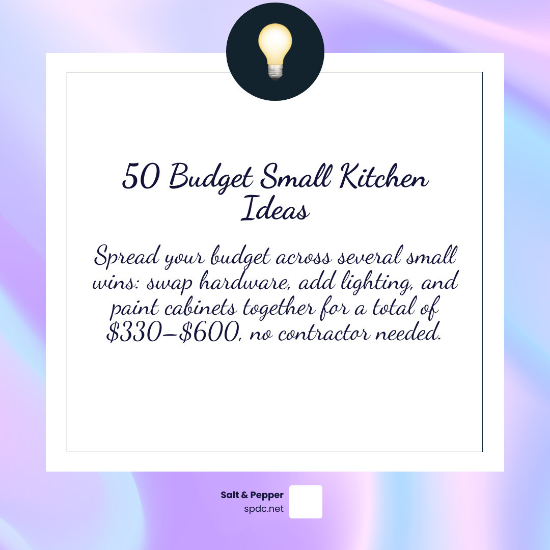 Infographic showing 50 budget small kitchen ideas grouped by category: layout, storage, cosmetic upgrades, lighting, and Infographic showing 50 budget small kitchen ideas grouped by category: layout, storage, cosmetic upgrades, lighting, and