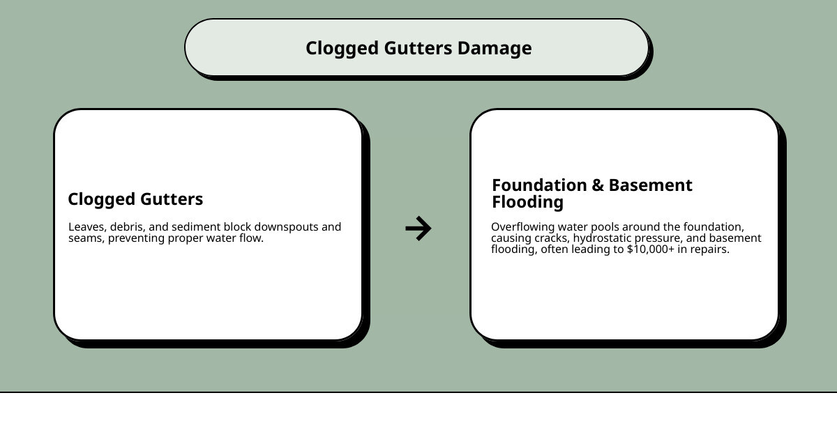 Infographic showing how clogged gutters lead to foundation damage and basement flooding infographic Infographic showing how clogged gutters lead to foundation damage and basement flooding infographic