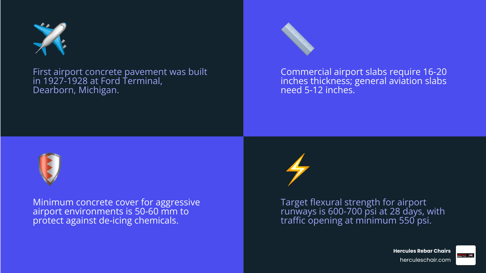 Anatomy of a rigid airport runway slab showing layers, rebar placement, dowel bars, and chair supports infographic