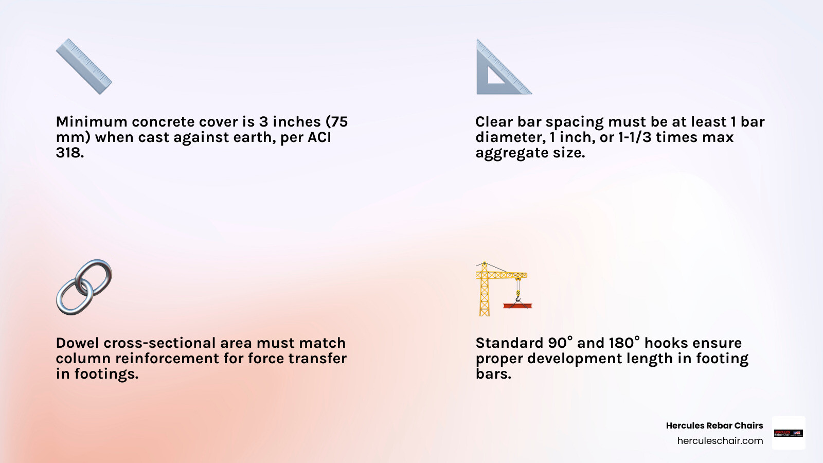 Key components of a footing reinforcement details PDF including cover, spacing, dowels, and supports infographic