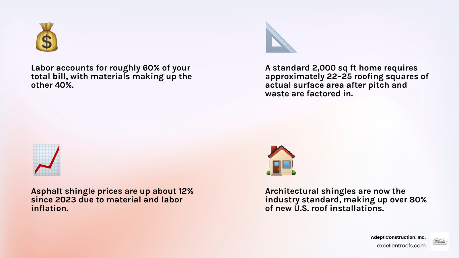 Infographic showing 2026 asphalt shingle cost breakdown by shingle type, labor vs materials split, and tear-off costs Infographic showing 2026 asphalt shingle cost breakdown by shingle type, labor vs materials split, and tear-off costs