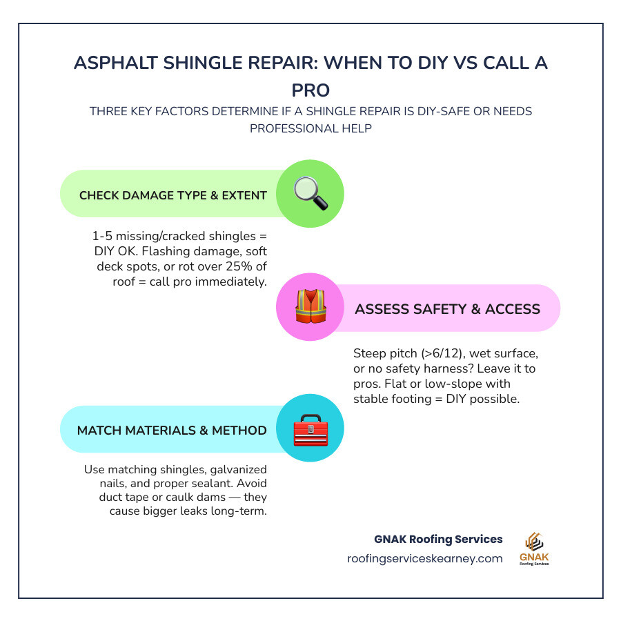 Infographic showing common asphalt shingle damage types, DIY vs professional thresholds, and key repair materials infographic Infographic showing common asphalt shingle damage types, DIY vs professional thresholds, and key repair materials infographic