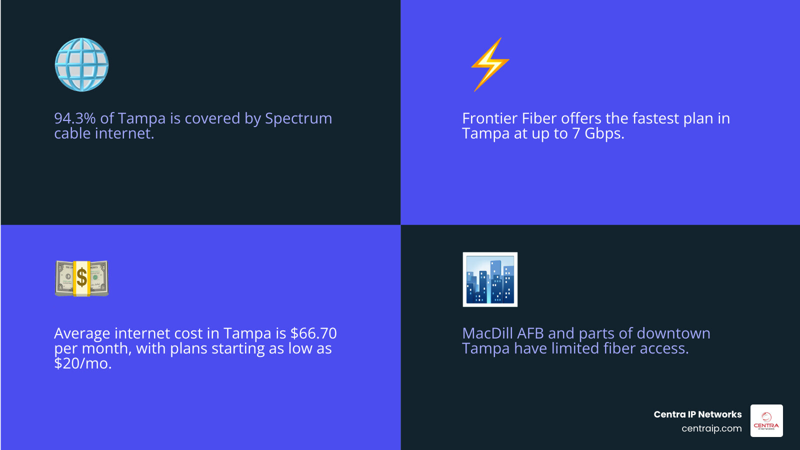 Infographic comparing Tampa internet providers by speed, price, type, and coverage percentage infographic Infographic comparing Tampa internet providers by speed, price, type, and coverage percentage infographic