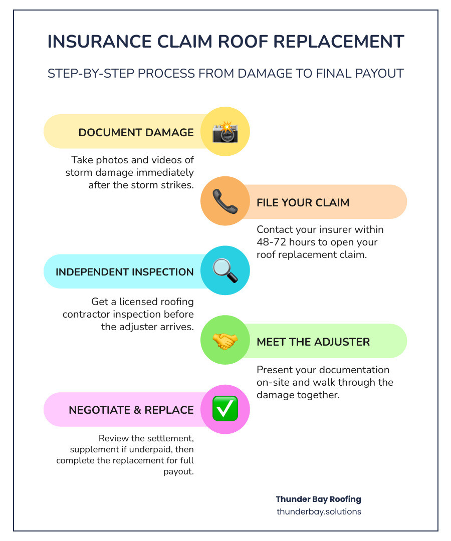 Step-by-step roof insurance claim process infographic from damage to final payout infographic