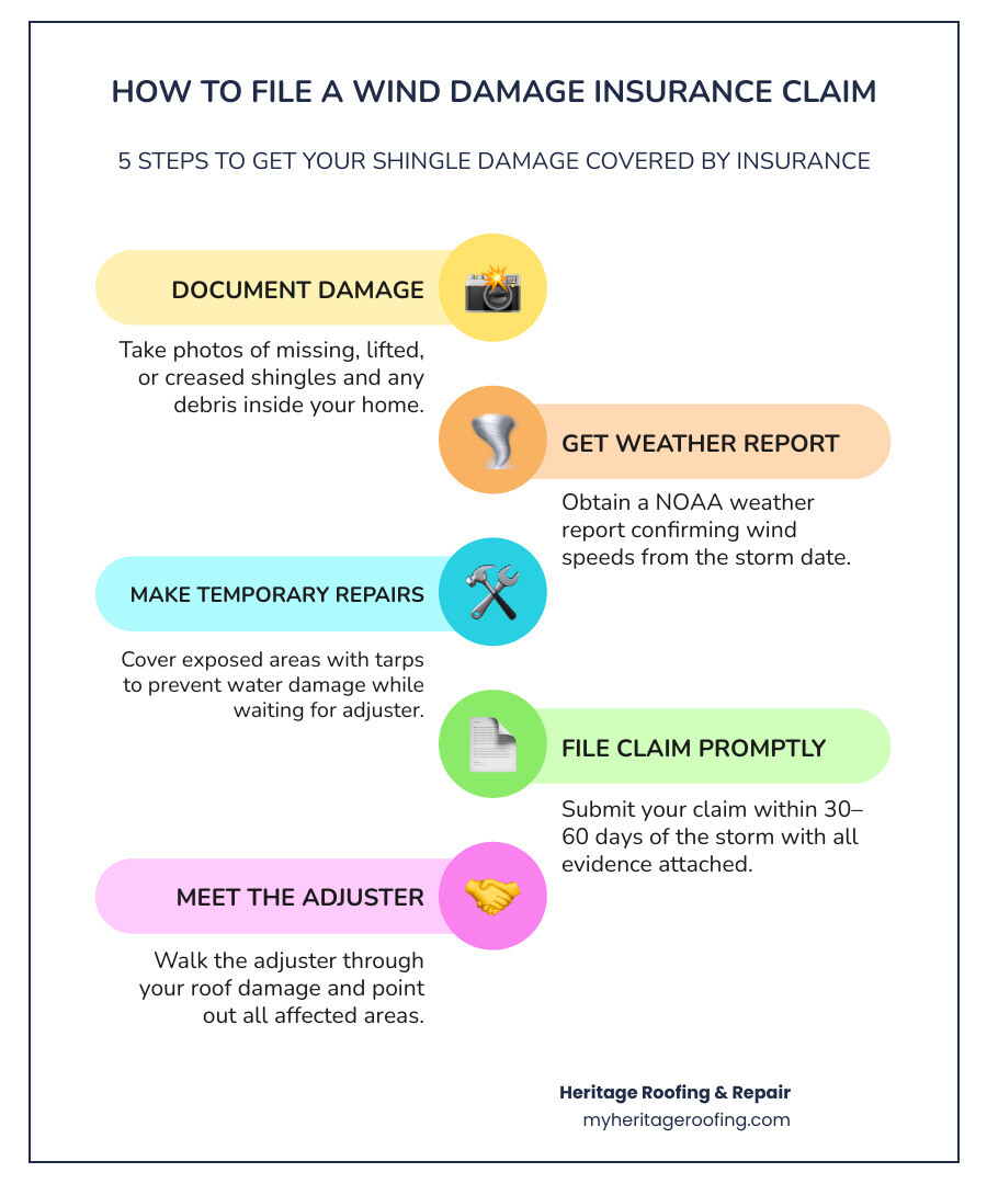 Wind damage shingles insurance claim process infographic: coverage, documentation, filing, and payout steps infographic Wind damage shingles insurance claim process infographic: coverage, documentation, filing, and payout steps infographic