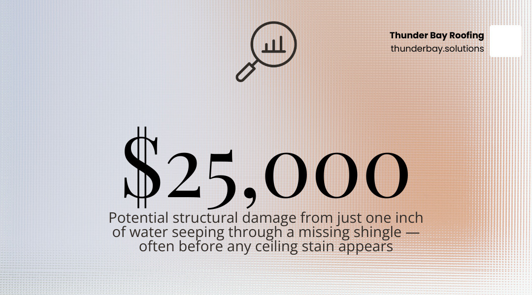 Infographic showing how a missing shingle leads to a roof leak, from exposed underlayment to interior water damage Infographic showing how a missing shingle leads to a roof leak, from exposed underlayment to interior water damage