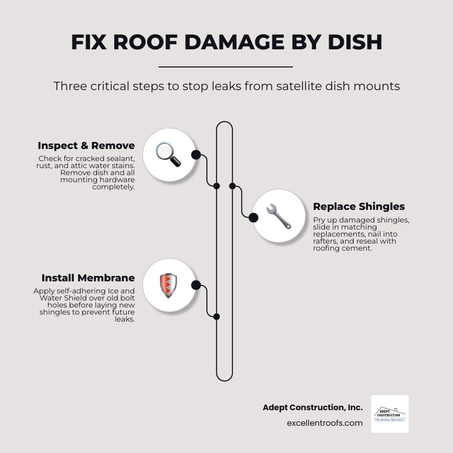 Infographic showing how satellite dish lag bolts penetrate shingle, underlayment, and roof deck layers causing water Infographic showing how satellite dish lag bolts penetrate shingle, underlayment, and roof deck layers causing water