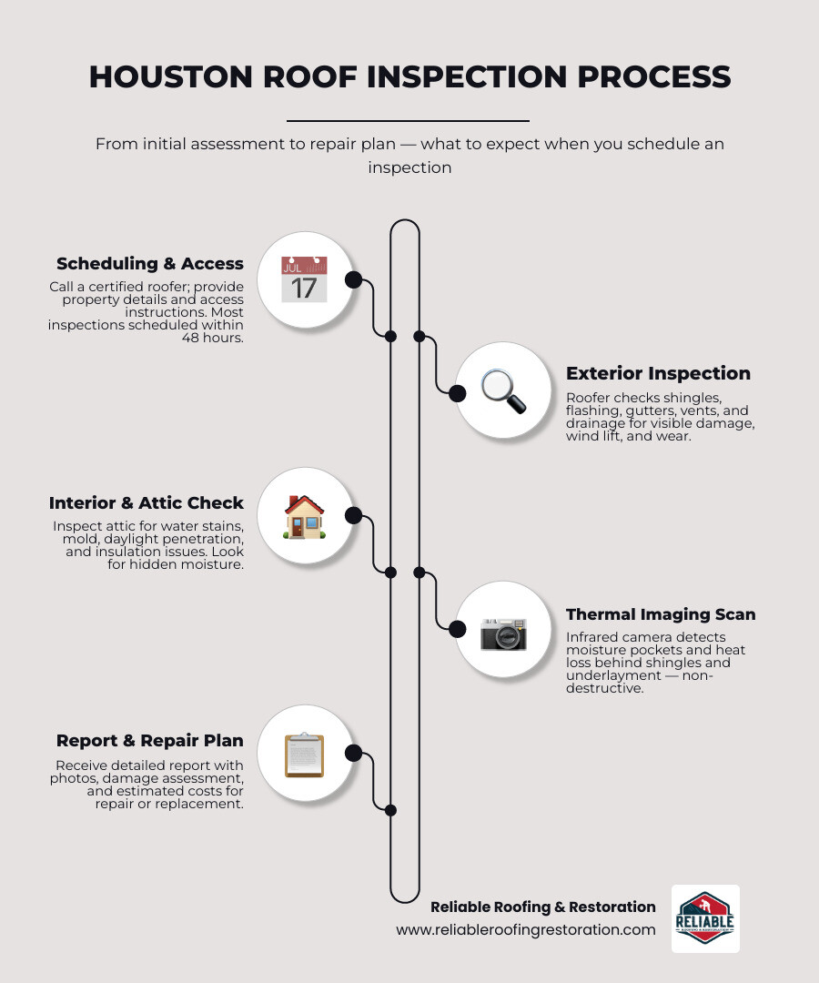 Steps in the Houston roof inspection process from initial assessment to repair report infographic