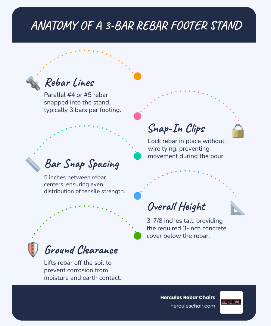 Anatomy of a 3-bar footer stand: height, bar snap spacing, ground clearance, rebar sizes infographic