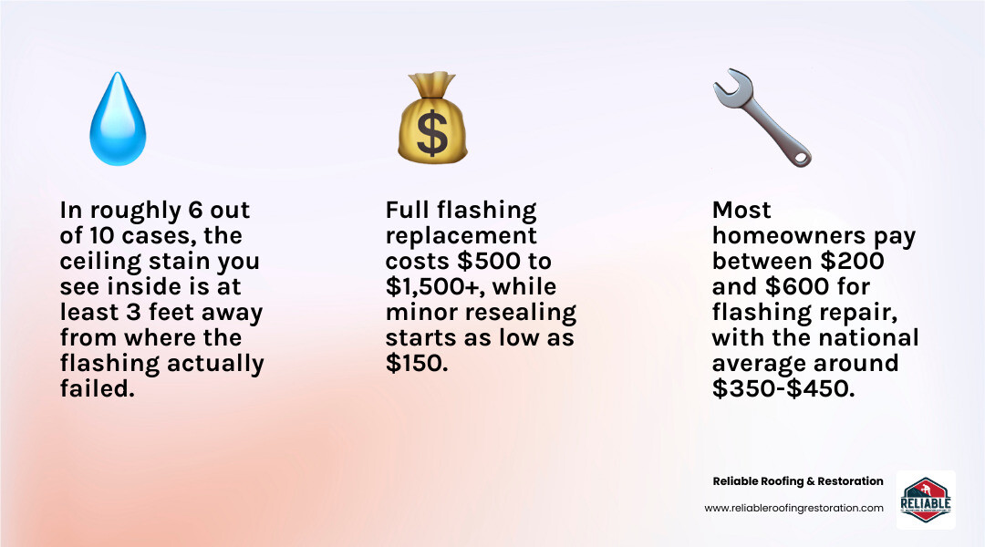 infographic showing flashing repair cost ranges by type from minor resealing to full replacement infographic