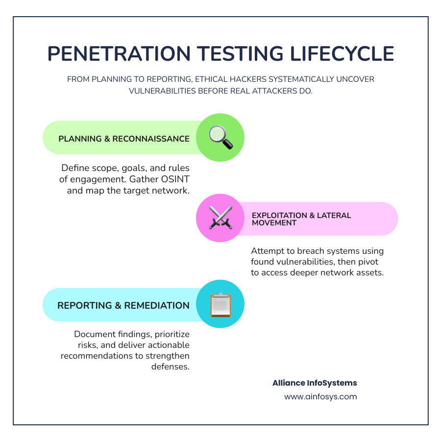 Penetration testing lifecycle phases from planning to reporting infographic infographic Penetration testing lifecycle phases from planning to reporting infographic infographic