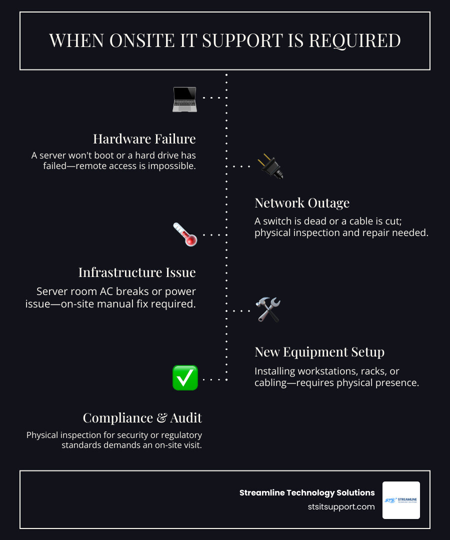 Onsite vs remote IT support breakdown infographic showing key differences and when each is needed infographic