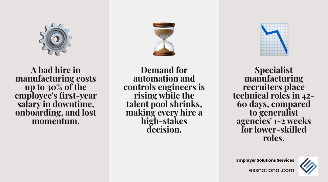 Infographic showing the cost of a bad hire in manufacturing including downtime, onboarding, and lost momentum infographic Infographic showing the cost of a bad hire in manufacturing including downtime, onboarding, and lost momentum infographic