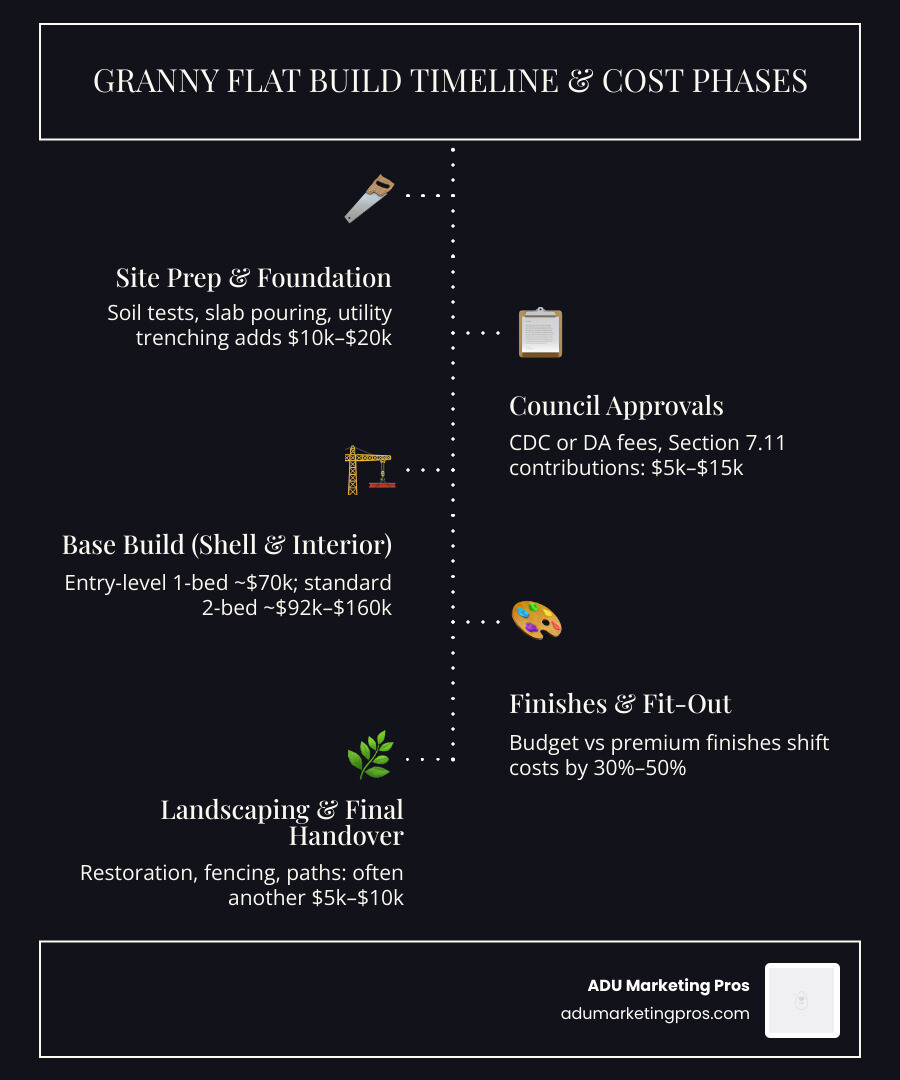 Granny flat construction timeline and cost phases from site prep to handover infographic