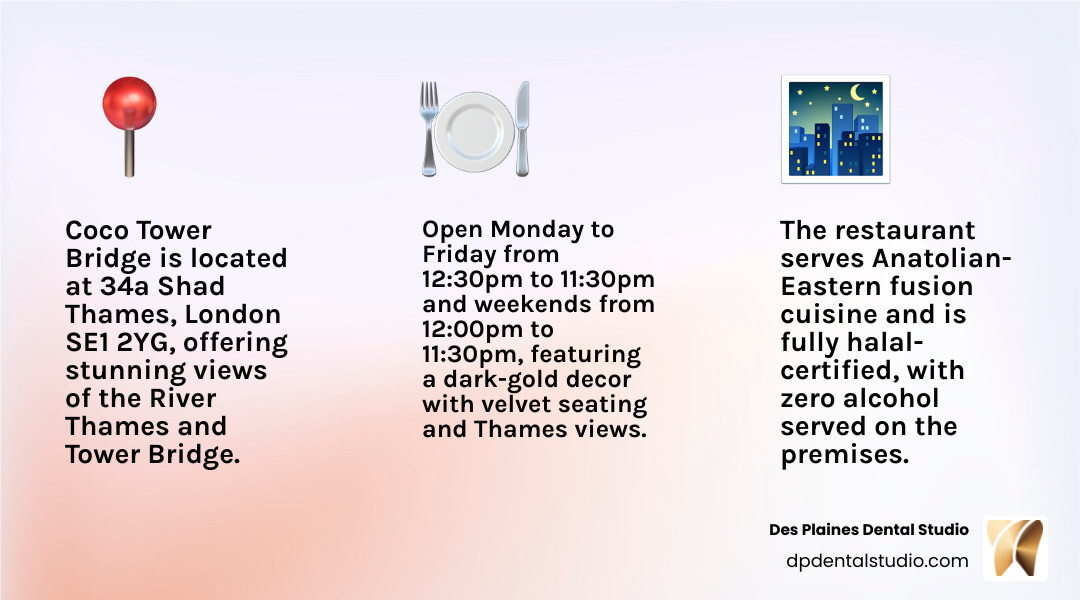 Infographic overview of Coco Tower Bridge halal dry-bar concept, location, hours, and menu highlights infographic