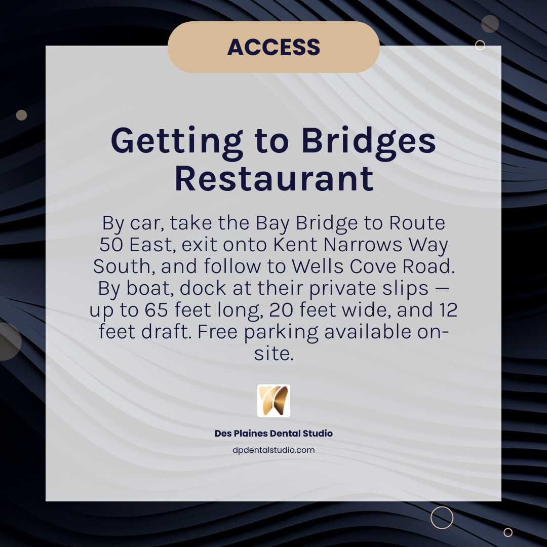 Quick guide infographic for Bridges Restaurant on Kent Narrows hours boat access pet policy and reservations infographic