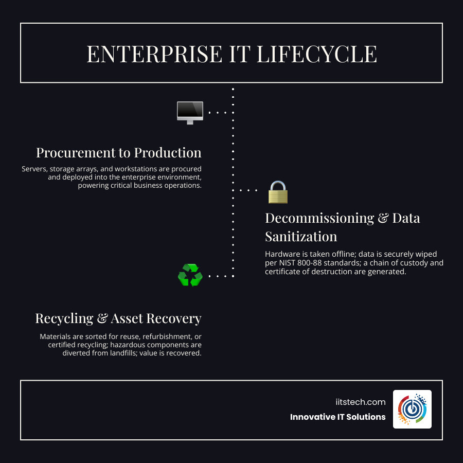 Lifecycle of enterprise IT assets from procurement to certified recycling and remarketing infographic Lifecycle of enterprise IT assets from procurement to certified recycling and remarketing infographic