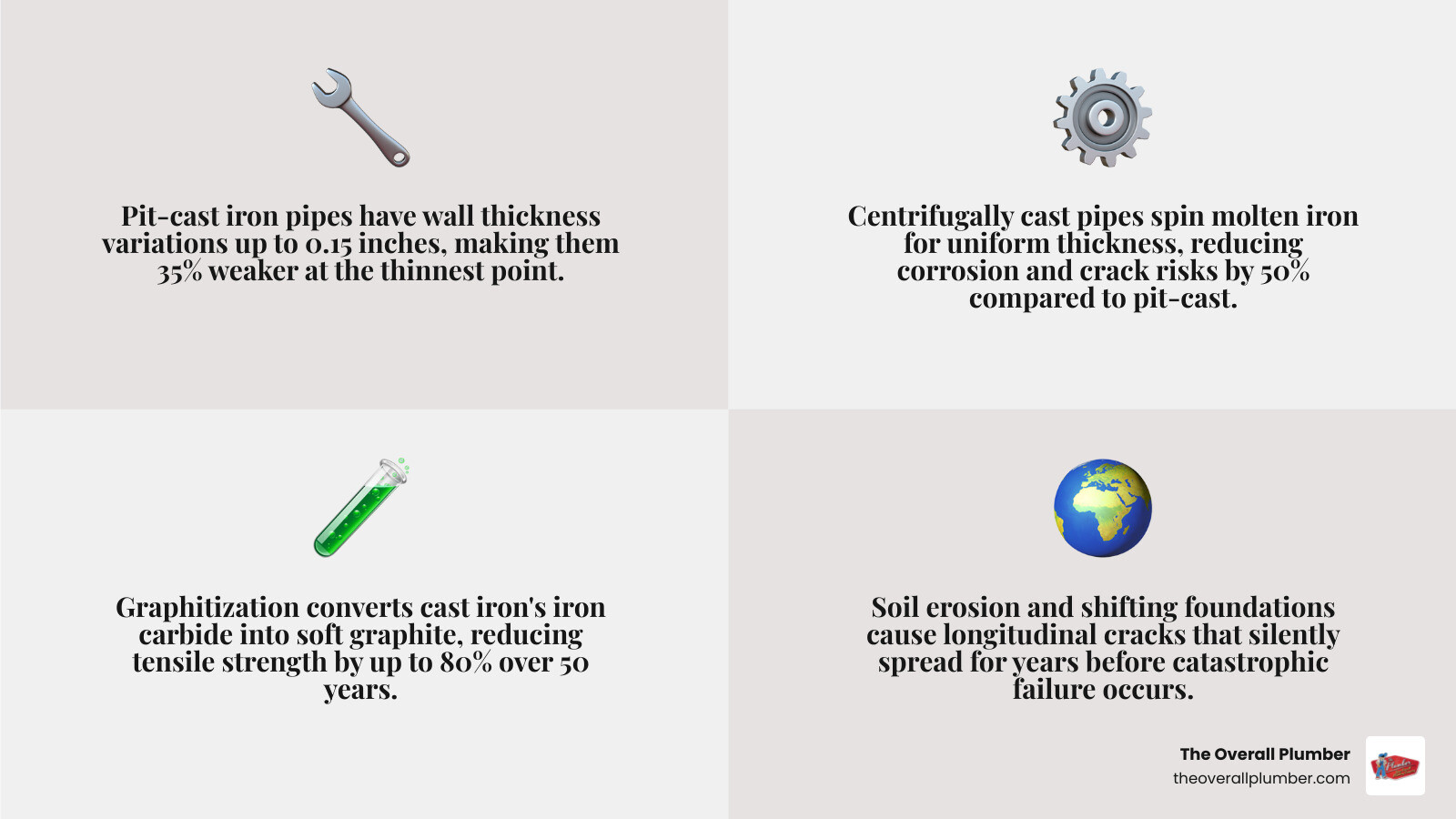 Lifecycle of cast iron plumbing from installation to failure stages and repair options infographic Lifecycle of cast iron plumbing from installation to failure stages and repair options infographic
